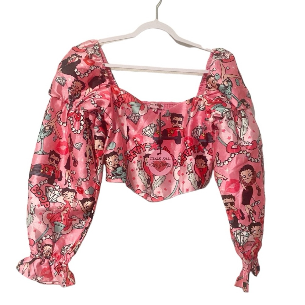Dolls Kill Pink Graphic Puff Sleeve Top